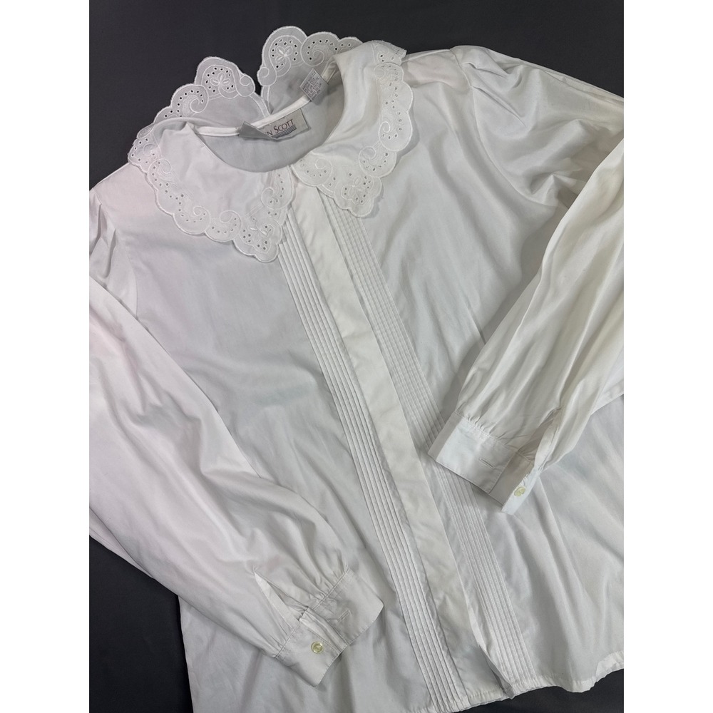 Karen Scott White Blouse Eyelet Lace Peter Pan Collar Top Pad Shoulders 14 80s